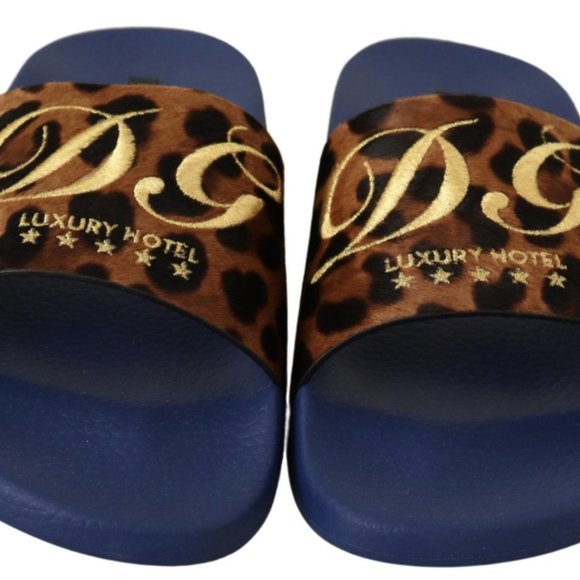 DOLCE & GABBANA Blue Brown Leopard Logo Rubber Slides Slippers Shoes